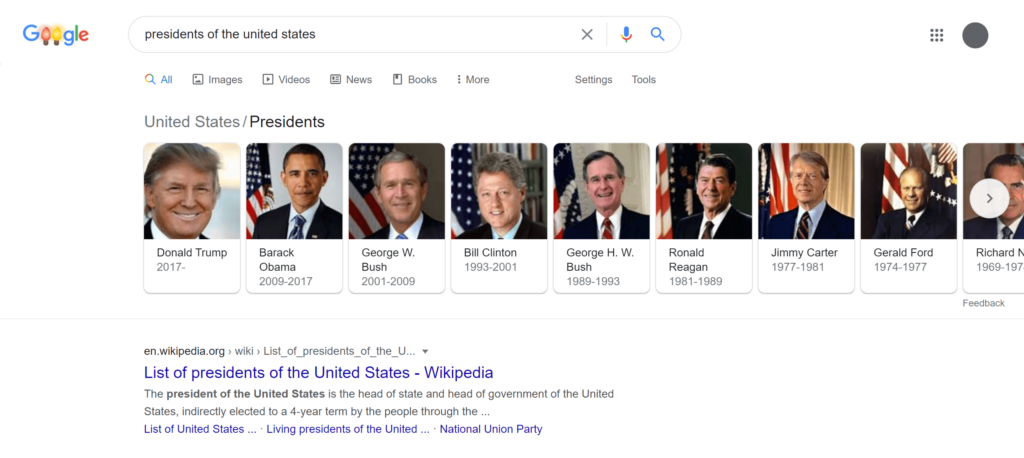 Google Search screen showing the search results of "Presidents of the United States" -  showing how structured data can be used and displayed by Google Search.