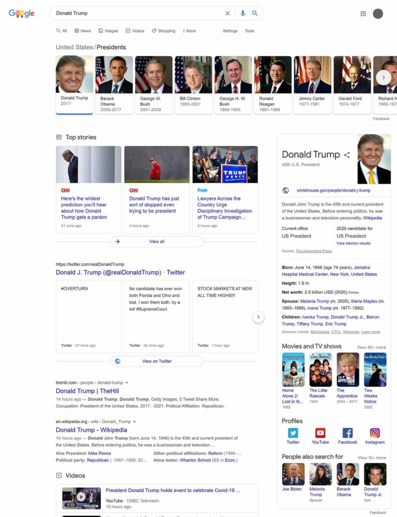 Google search showing the results of searching "Donald Trump" showing how structured data can be used and displayed by Google Search.