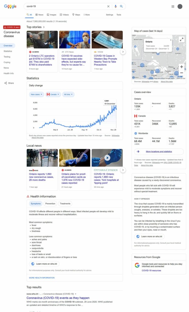 Google search of COVID-19 -  showing how structured data can be used and displayed by Google Search.