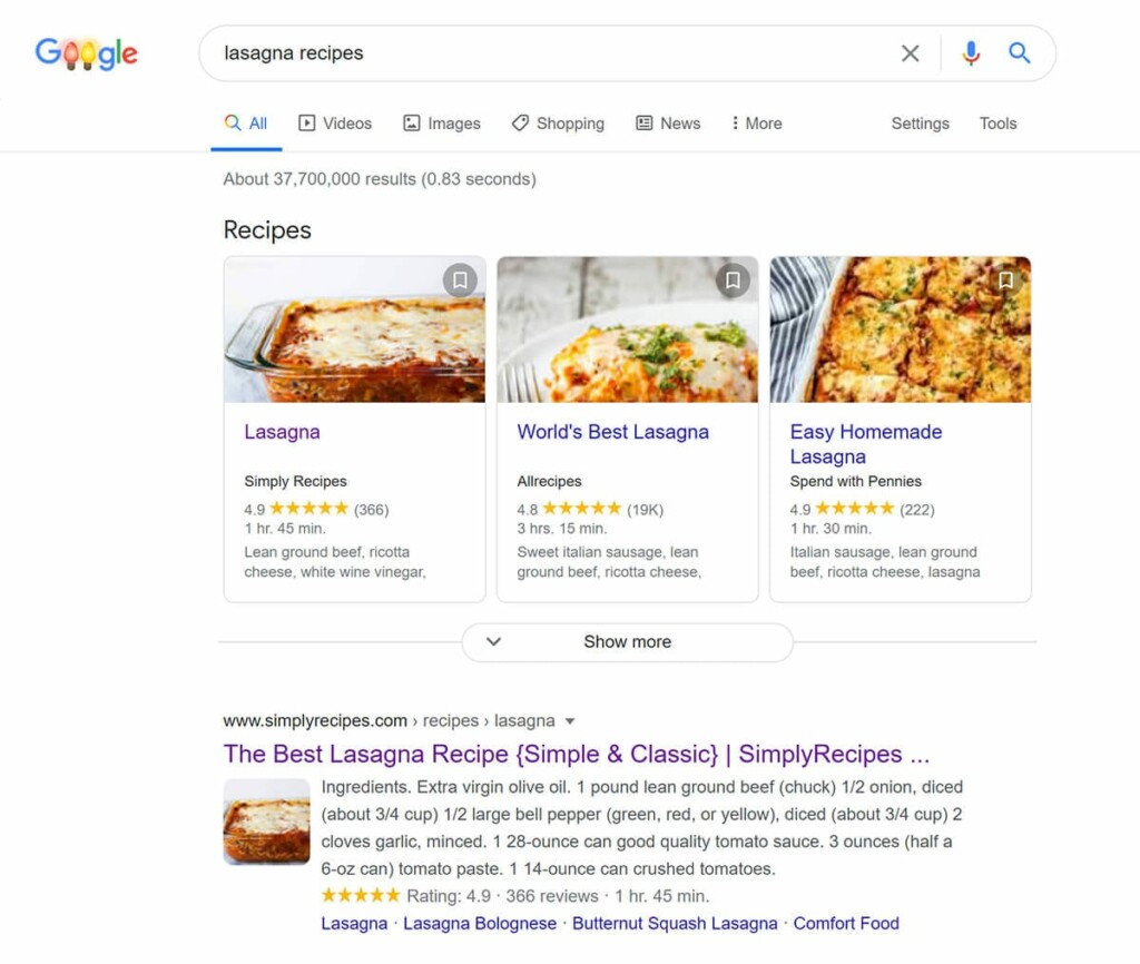 Google search results of Lasagna Recipes - showing how structured data can be used and displayed by Google Search.