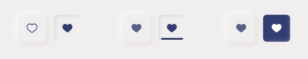 Accessibility in buttons - different buttons with hearts as the icon in different states showing how they can be made more accessible within the neomorphic style