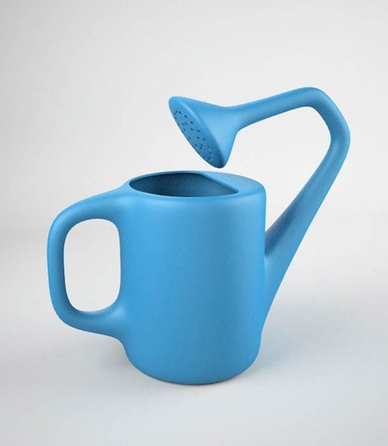 Blue watering can where the spout points back into the watering can making it unusable.