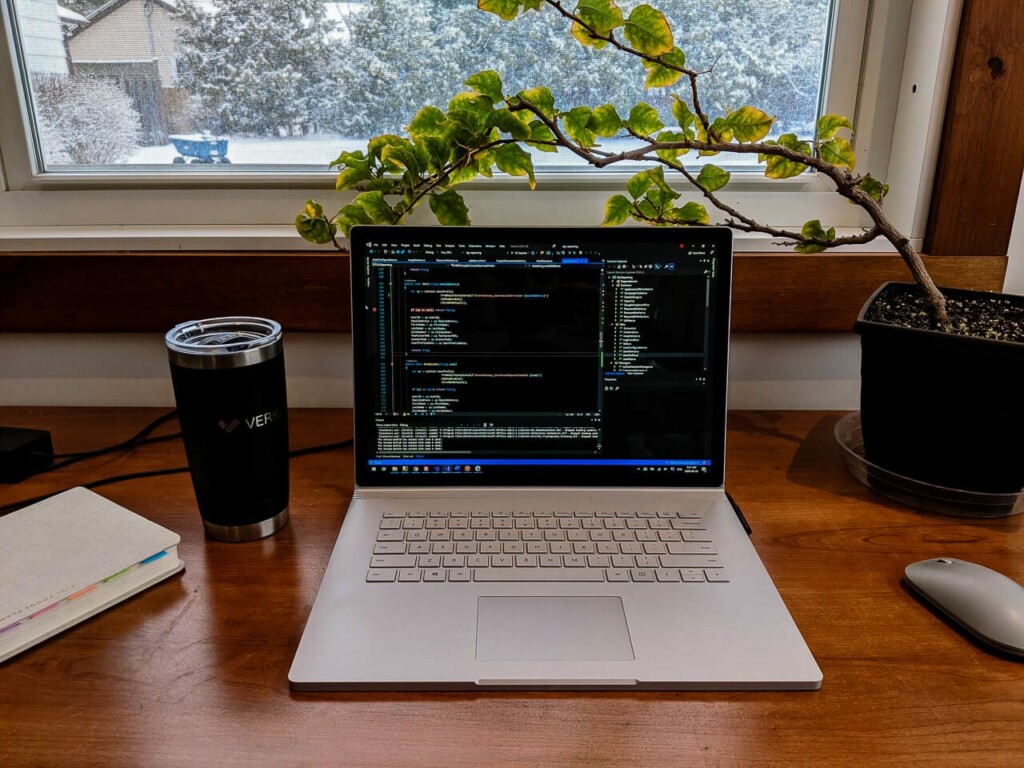 laptop on a wooden desk with a green tree behind it. 