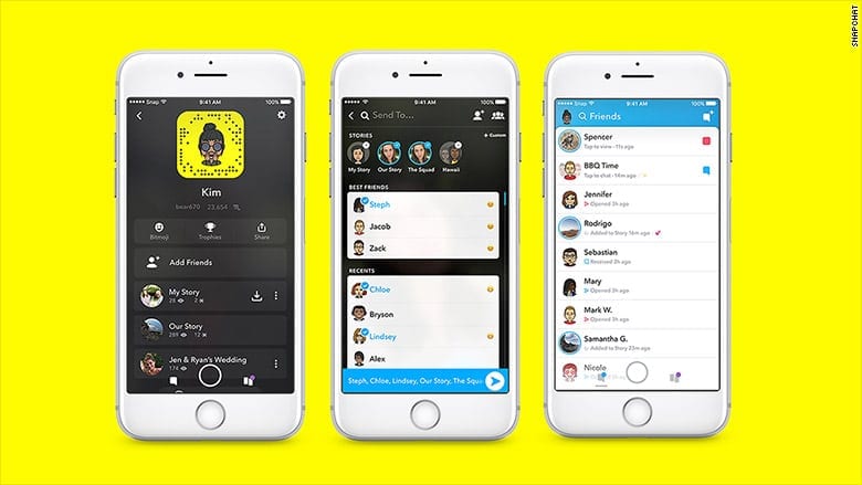 3 iPhone screens showing different screens of the snapchat redesign