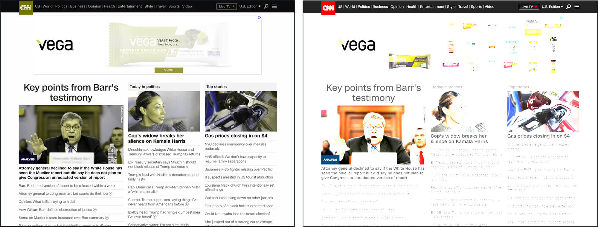 Disability simulator side by side of CNN Website