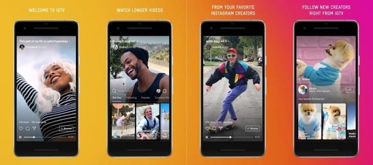 4 different smart phones showing IGTV on different phone screens