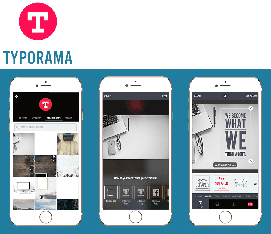 Typorama across three mobile phone screens.