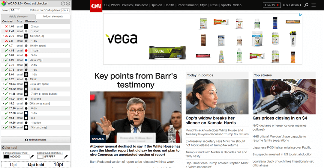 Viewing CNN website using WCAG Contrast Checker Chrome Add-On