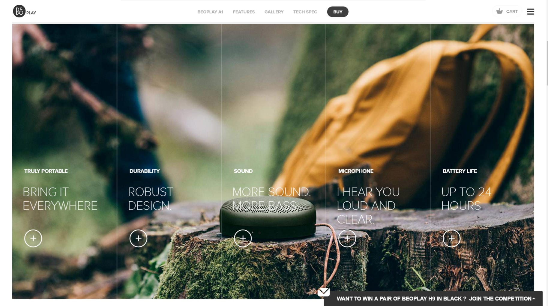 Screen Capture: Beoplay speaker sitting on a log with a yellow backpack in the background. 