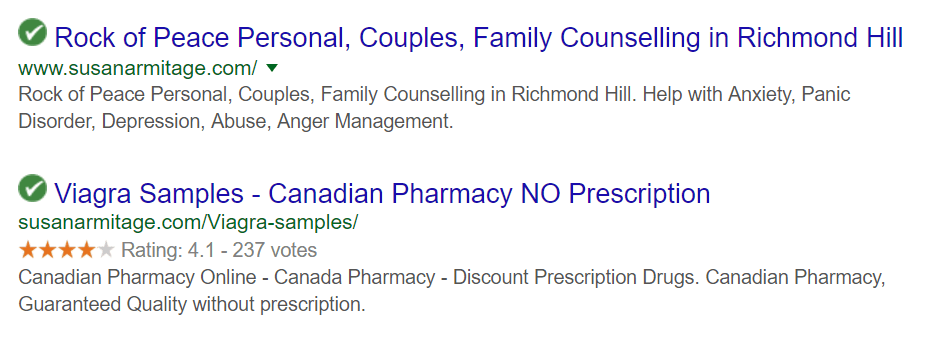 Blackhat SEO Search results example: Top result is for a family counselor and the next is from the same website but for Viagra Samples - meant to destroy the reputation of the counselor 