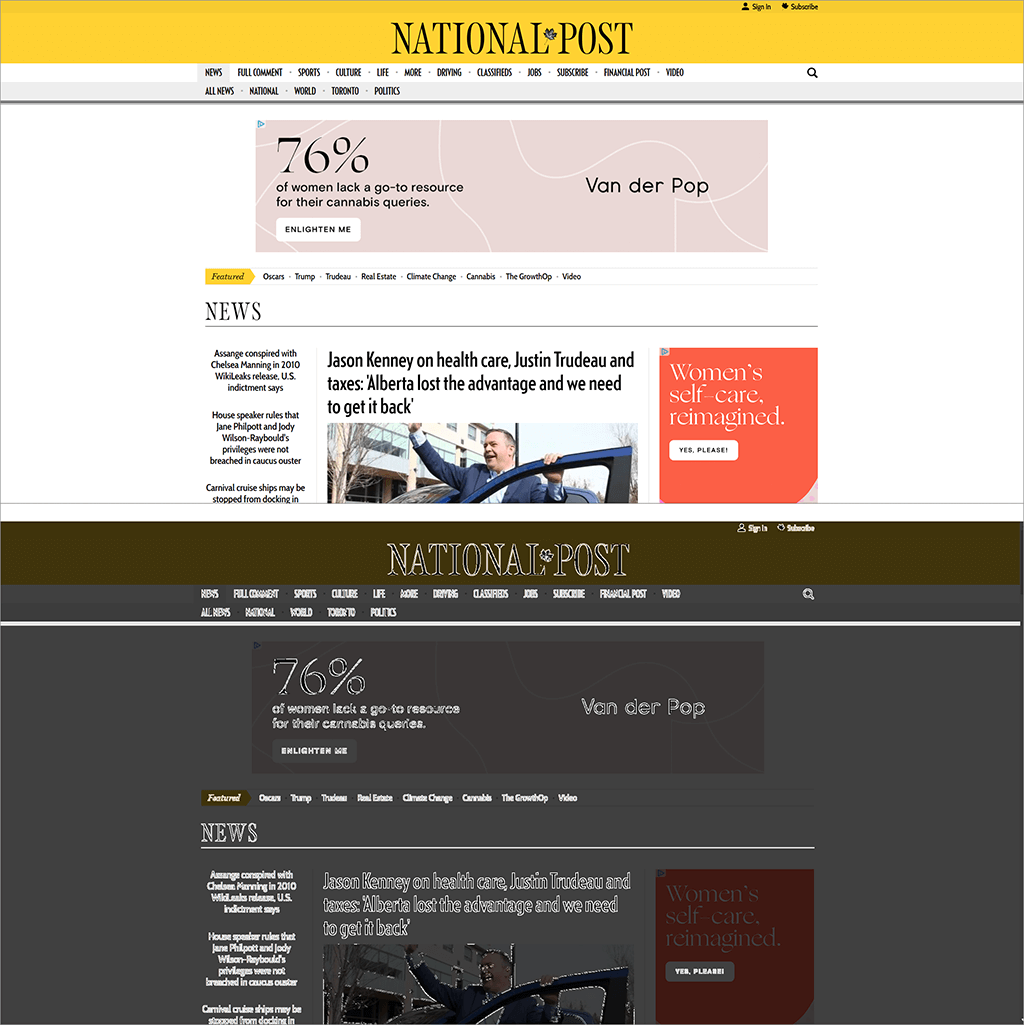 Screen Capture of The National Post Website before and after colour contrast analyzer overlay tool is applied