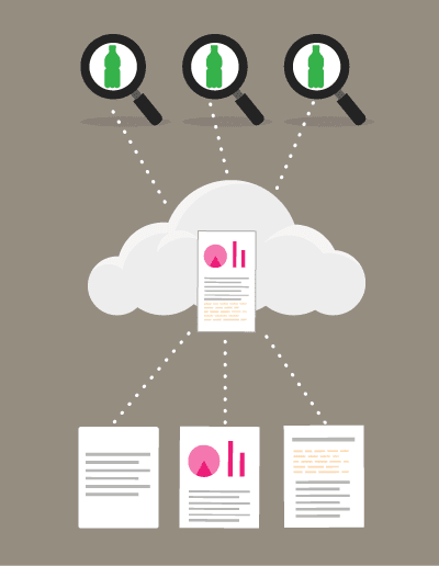 Infographic - Top 3 magnifying glasses with a product inside, dotted lines down to a cloud with a document, with 3 lines spreading out to break up the document into 3 documents.