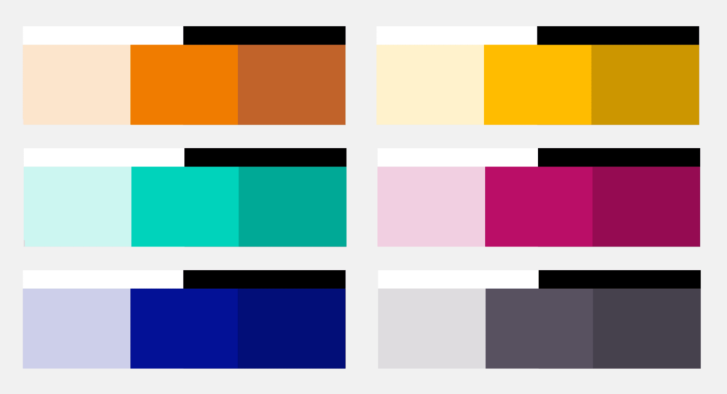 color contrast palettes of orange, teal, blue, goldenrod, magenta and grey.
