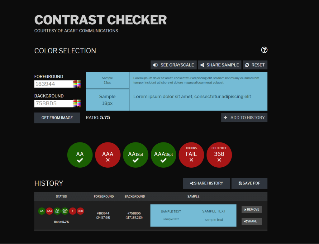 ACART Communications Contrast Checking screen capture