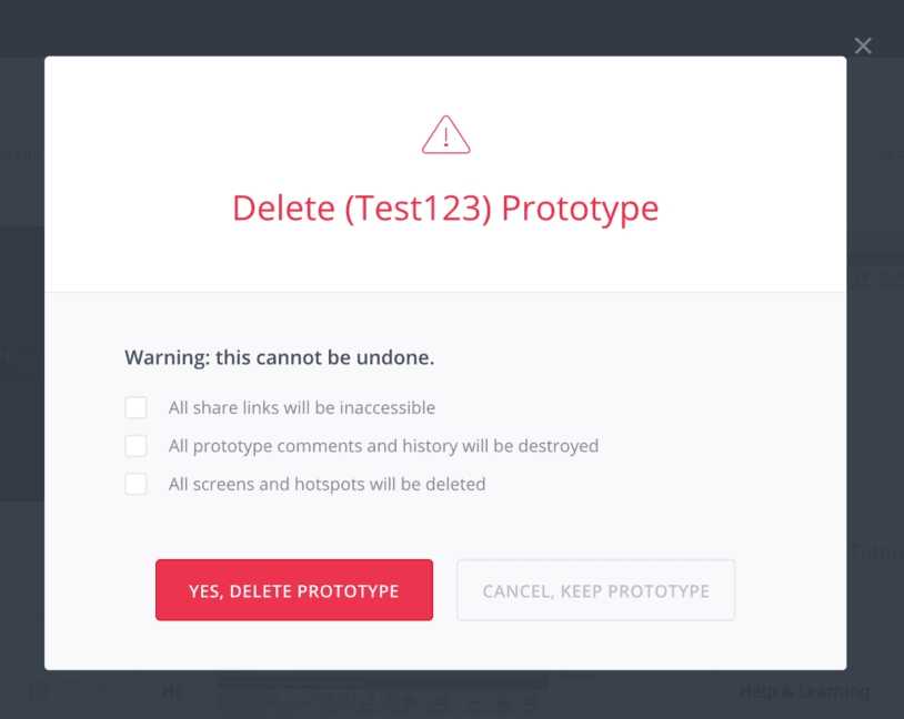 Example of warning dialog. With text showing what will be deleted and showing a clear difference in the Yes & Cancel buttons.