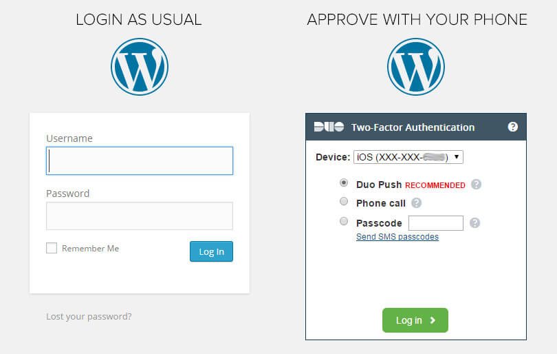 Wordpress Login Screen captures. Left is normal login, right is Duo two factor authentication Login.