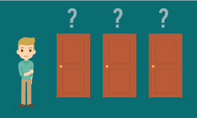 Cartoon man standing with three brown doors with question marks over top of each of them.
