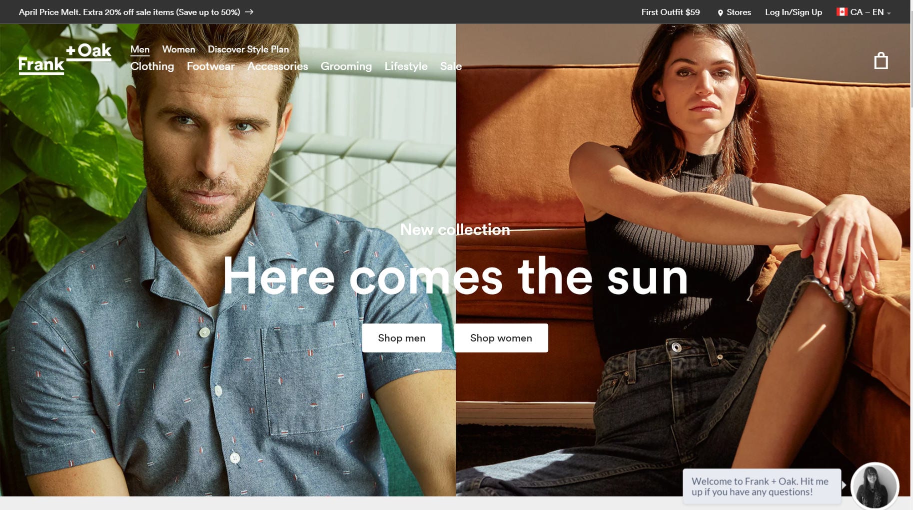 Screen Capture: Frank and oak. New collection, here comes the sun. Shop men, shop women. 