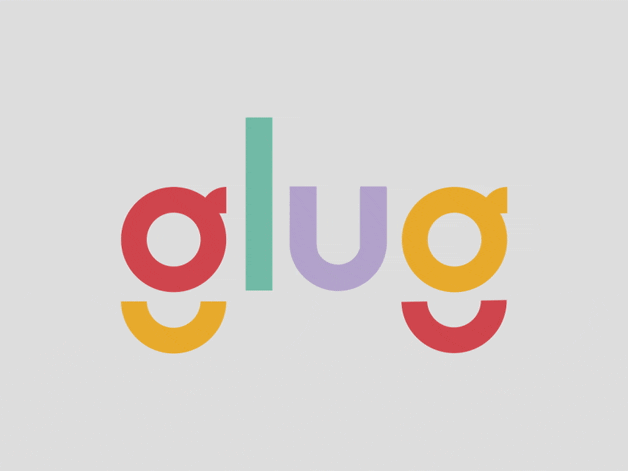 Animated brightly colored Glug logo GIF - each letter is animated in with fun twists, pops and wipes.