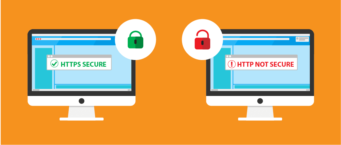 2 drawn computers on orange background, one with a green lock (locked) one with a red lock (unlocked)