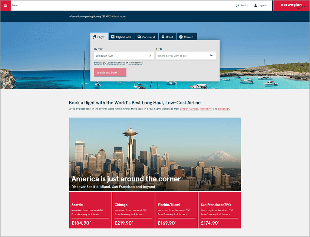 Norwegian airlines site Screen Capture