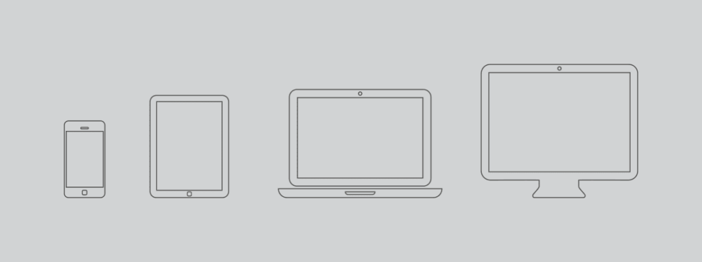 mechanical line drawings of Mobile phone, tablet, laptop, desktop. 