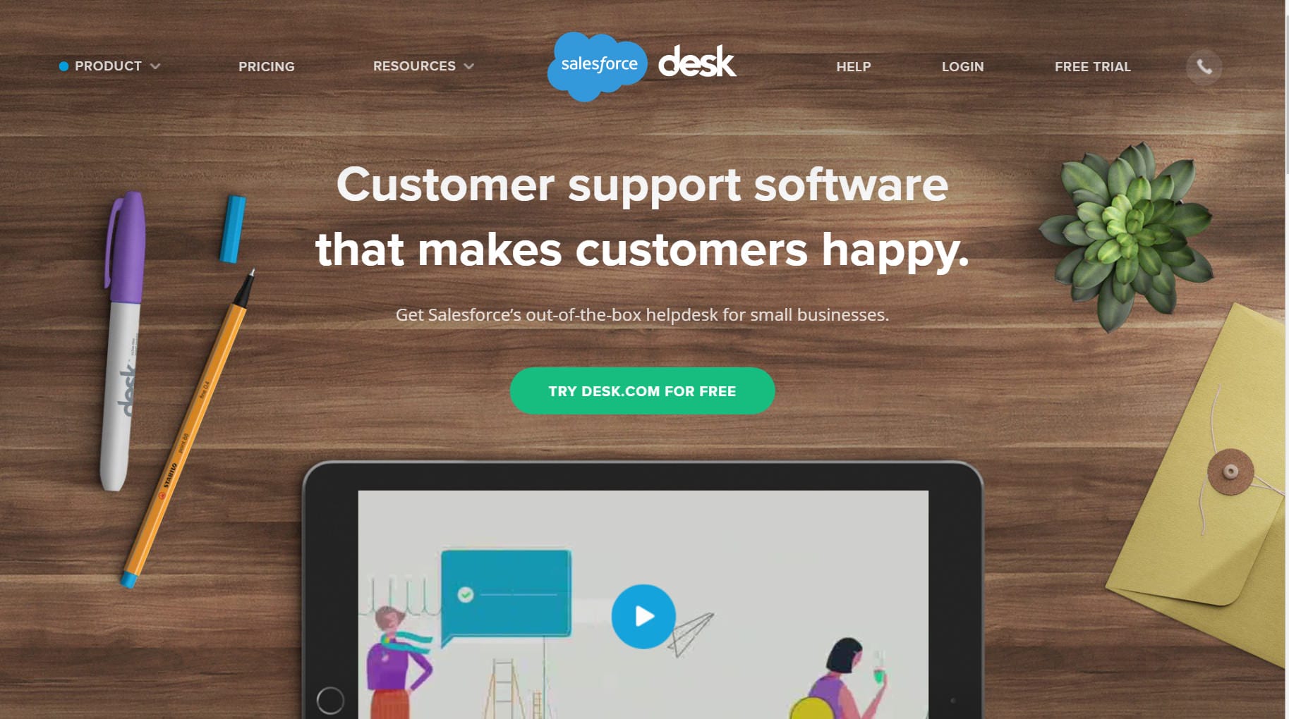 Screen Capture: Salesforce Desk. Customer support software that makes customers happy. Get salesforce out-of-the-box helpdesk for small businesses. Try desk.com for free.