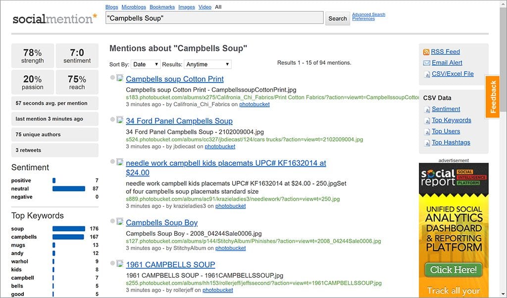 Screen Capture of "Social Mention" Search results.
