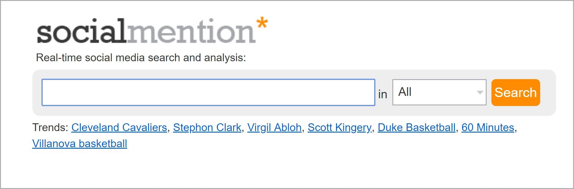 Screen capture of "Social Mention" website search interface