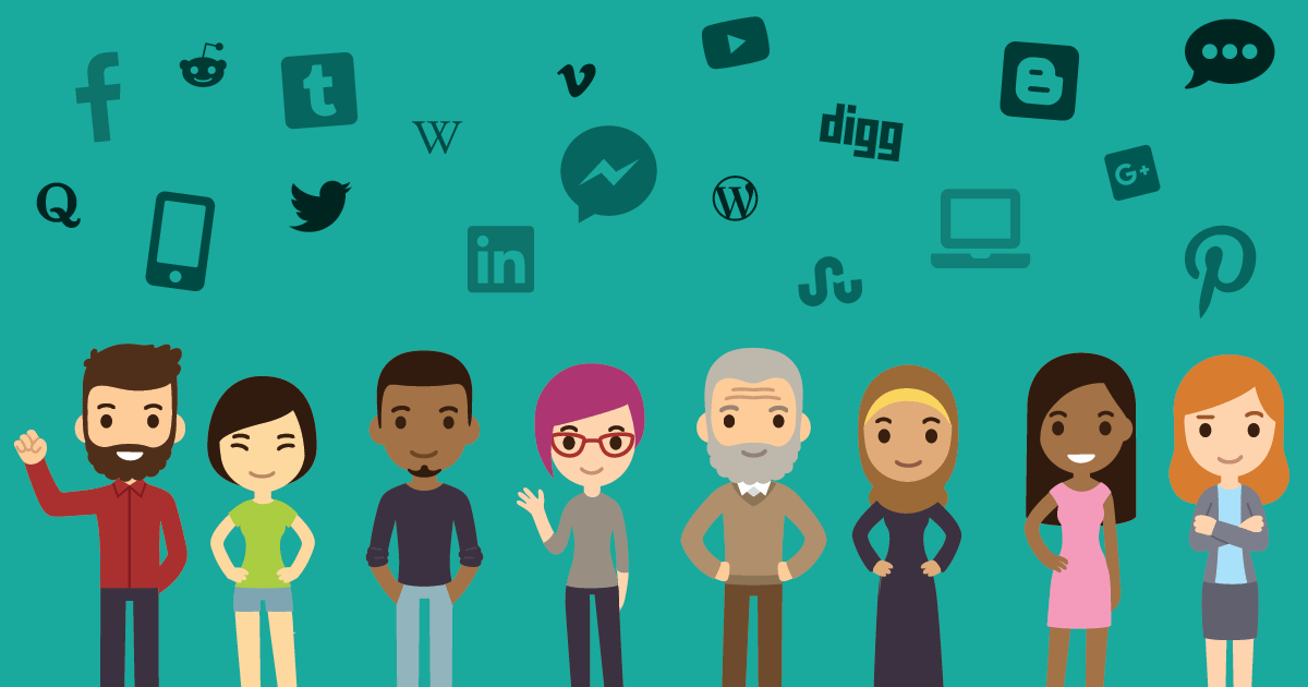 Cartoon multi-ethnic group with many social platform icons floating above