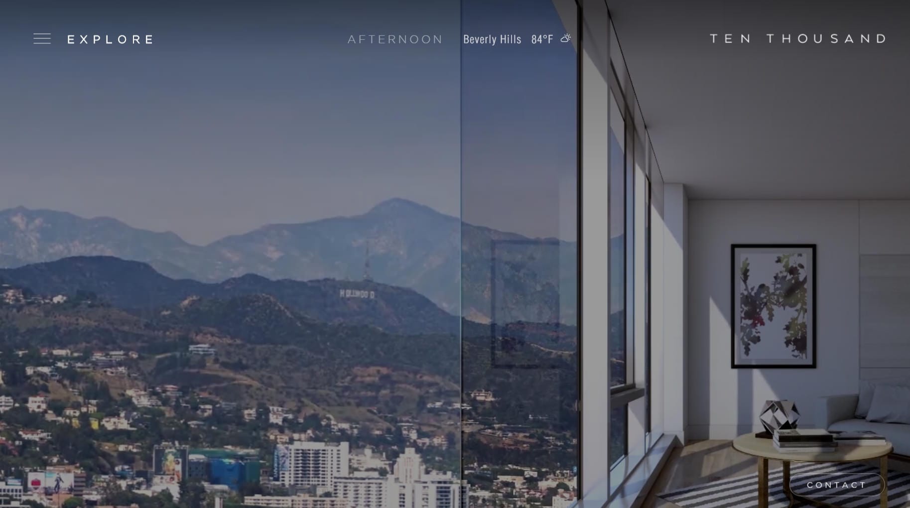 Screen Capture: Ten Thousand landing page with a view of an apartment overlooking the Hollywood sign