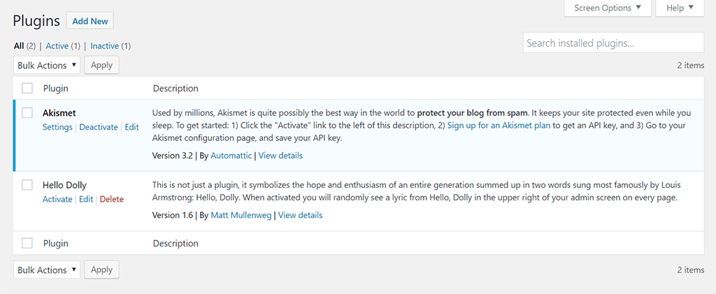 Screen capture of Plugin area. Inactive WordPress plugins 
