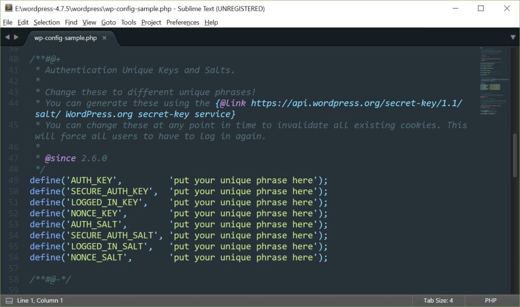 Screen capture. wp-config with no security keys