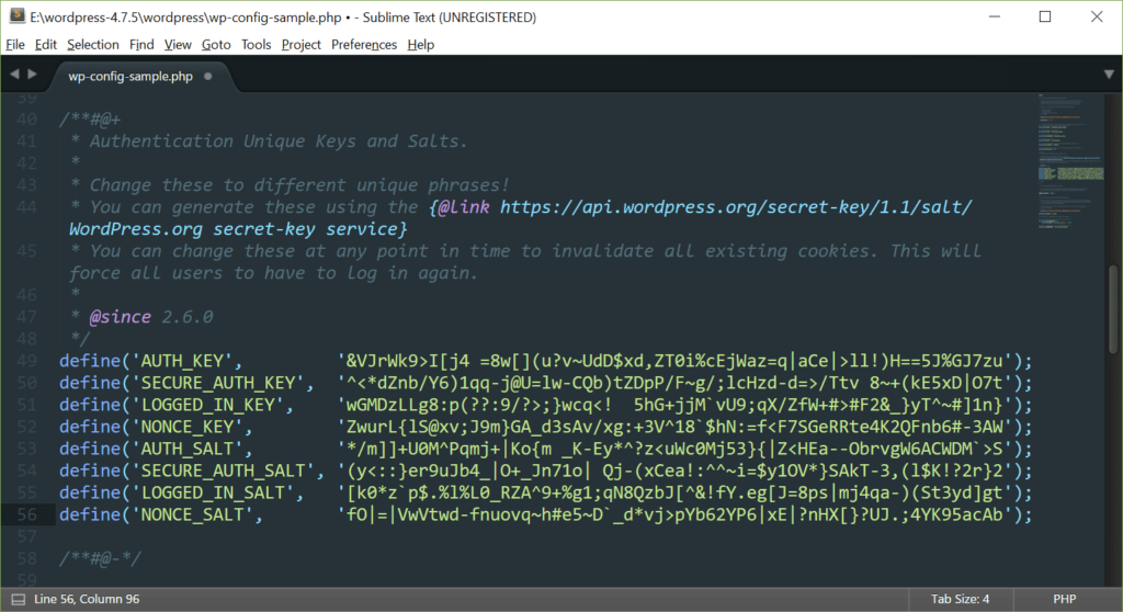 Screen Captue: wp-config.php with security keys