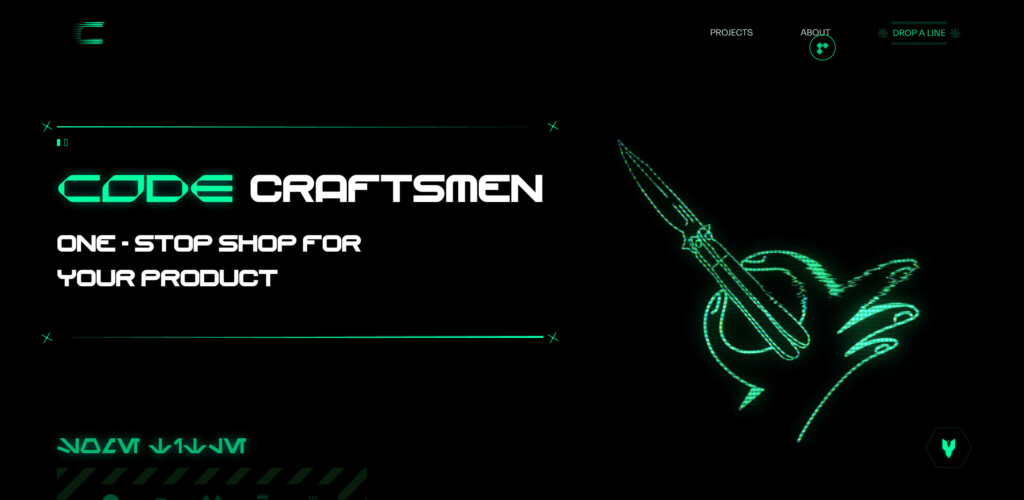 Code Craftsmen Homepage uses a black background with a retro pixelized green image on the right and pixelized white and green text on the left