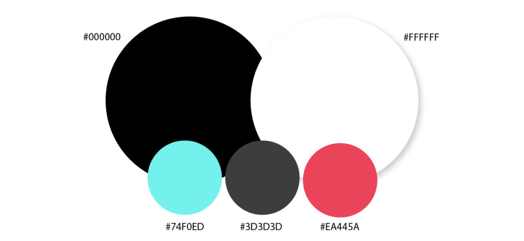 Color palette  for the TikTok brand, HEX colors Black: #000000, White: #fffff, Teal blue: #74F0ED, Dark Grey: #3d3d3d, and Bright Pink #EA445A