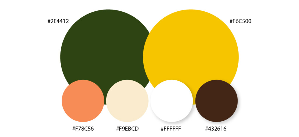Bold Earthtones: Dark Green #2E4412, Golden Yellow:: #F6C500, Apricot Crush: #F78C56, Beige: #F9EBCD, White: #ffffff, Dark Brown: #432616