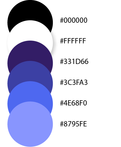 Blue colour palette: Black #000000, White: #ffffff, Blue 1: #331D66, Blue 2: #3c3FA3, Blue 3: #4E68F0, Blue 4: #8795FE