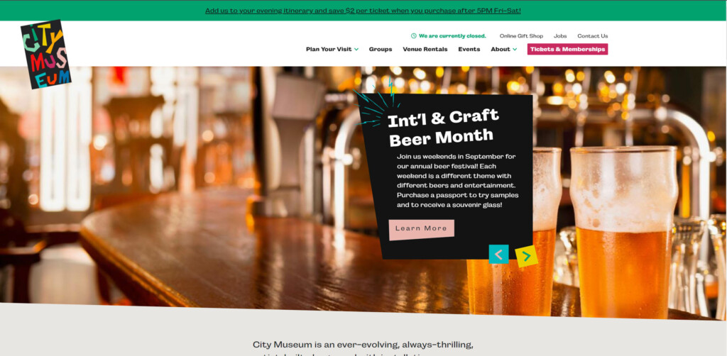 City Museum website uses bright colors matched with 80's style shapes to give it a retro feel.