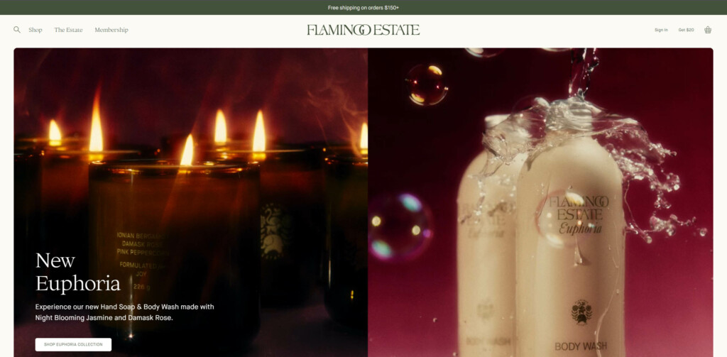 Flamingo Estate. Dark green header bar followed by dark and moody product shots with white text on top.
