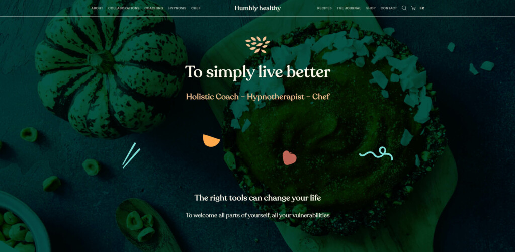 Humbly Healthy Website with an image of fall vegetables in the background covered by a dark green semi-transparent layer with White text on top.