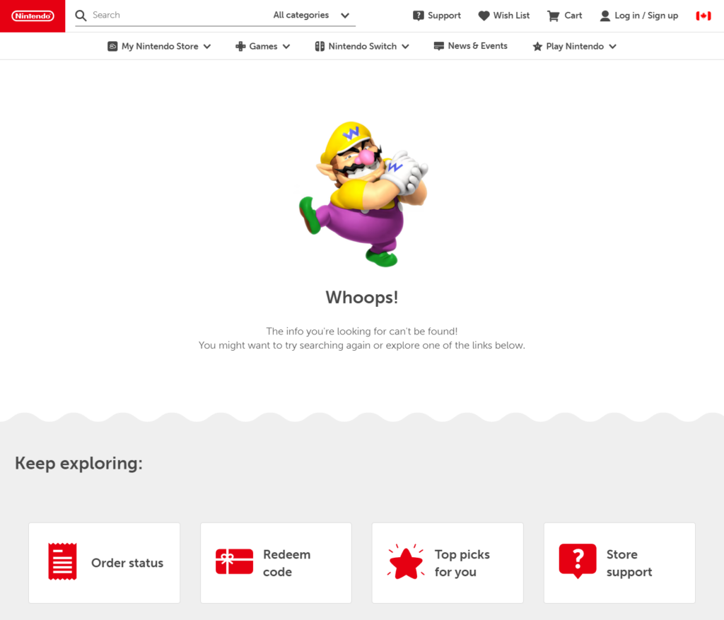 Nintendo.ca 404 page that gives users options to keep exploring instead of forcing them to go back.