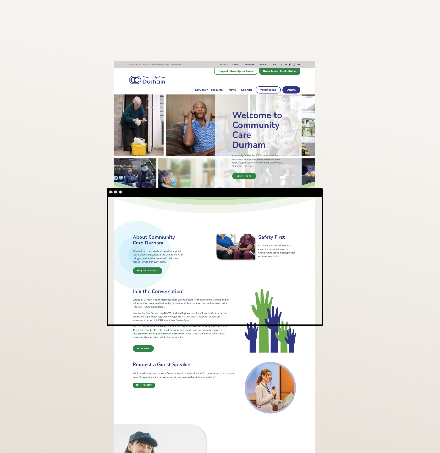 Digital Website development concept for Community Care Durham, Showing how the homepage flows on a regular screen