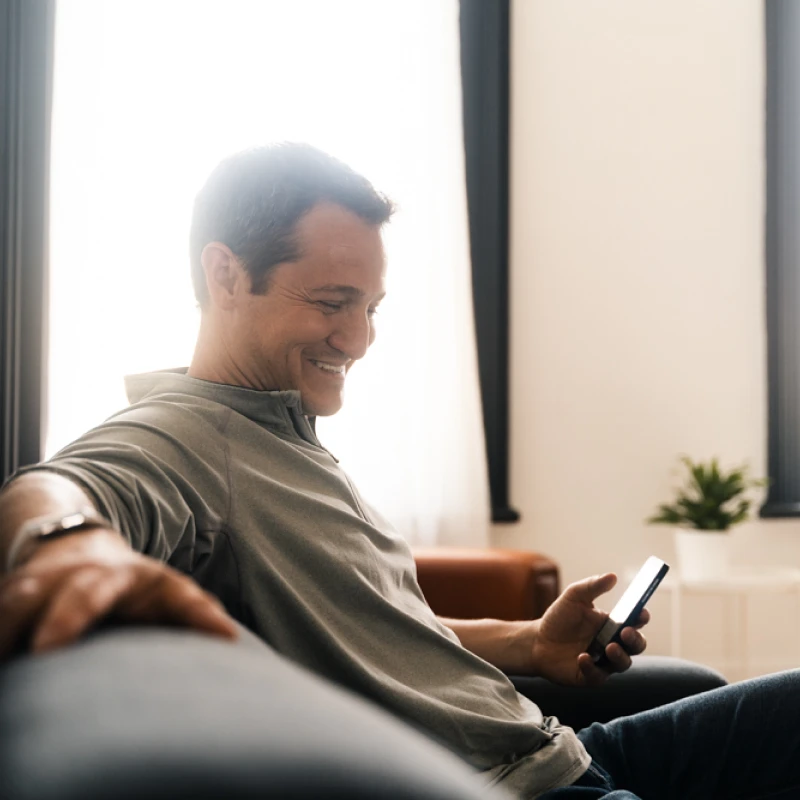 Scott laughing while holding a phone in his hand.