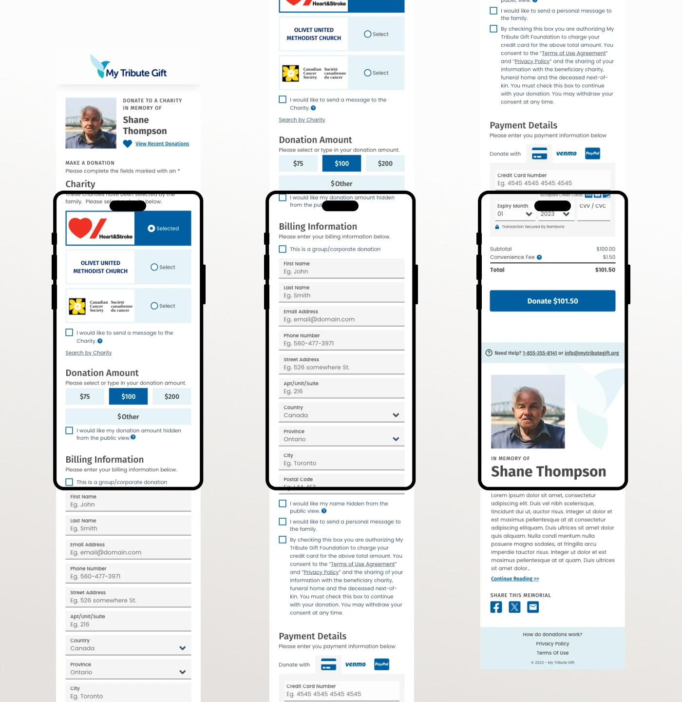 My Tribute Gift Donation Website digital Development. Mobile view of how the website flows on mobile devices.