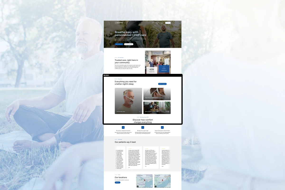 Webpage with an elderly couple doing yoga in the background image