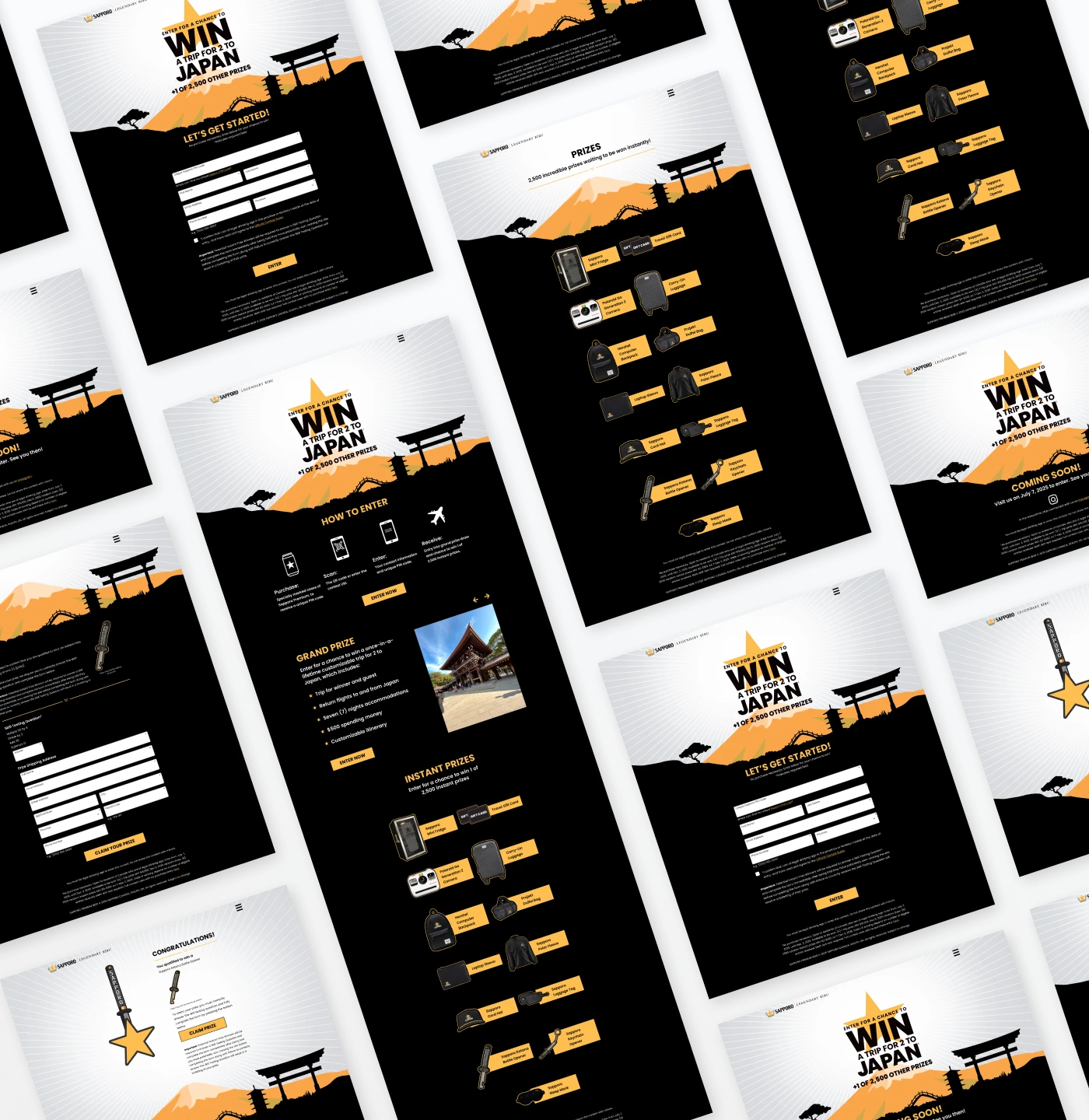 Concept showing multiple views of digital development of contest website. Grid of multiple pages of the contest design.